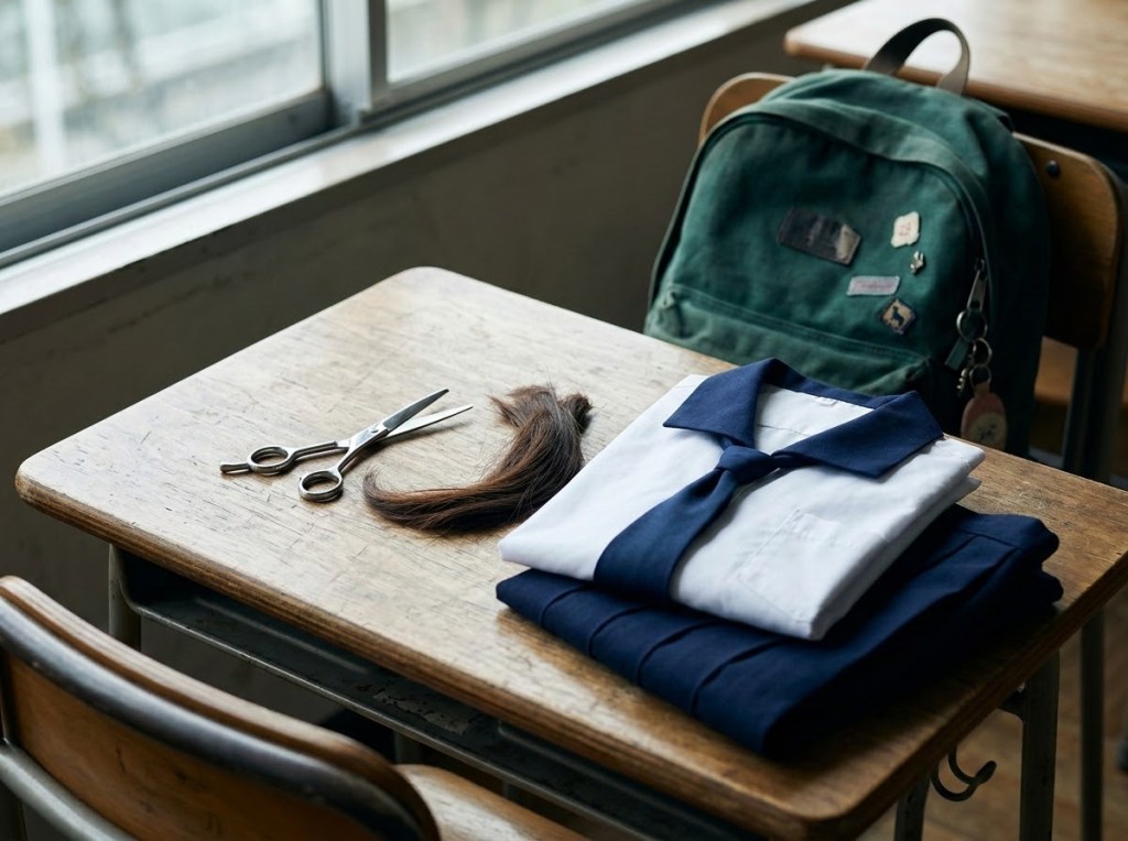 Uniforme escolar, tijeras y mochila sobre un escritorio de madera, sin personas ni rostros de menores.