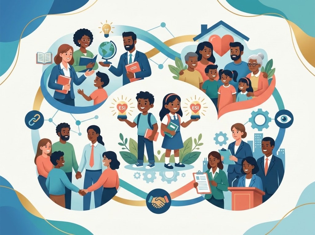Ilustración de docentes, familias, autoridades y organizaciones que colaboran alrededor de una niña y un niño con foco de ESI en sus manos