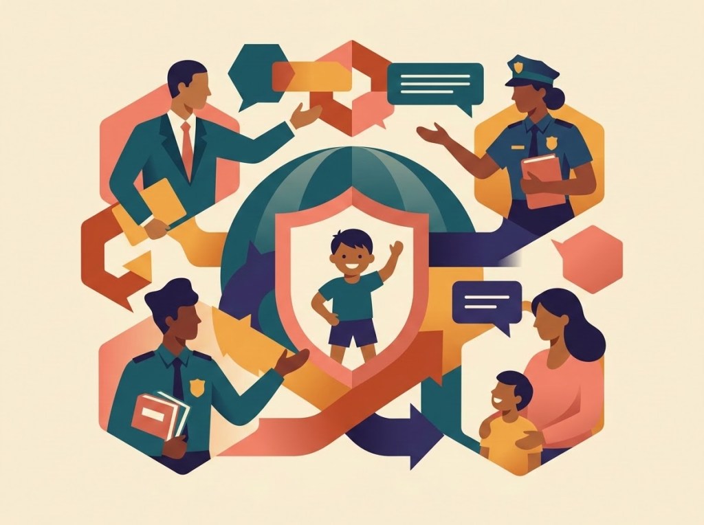Ilustración de un niño dentro de un escudo, rodeado por un funcionario, agentes de policía y una madre con su hijo que dialogan en torno a su seguridad